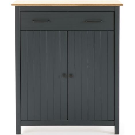 Meuble de rangement d'appoint en pin massif décor ciré chêne et bleu - Longueur 90 x Profondeur 40 x Hauteur 110 cm -PEGANE-