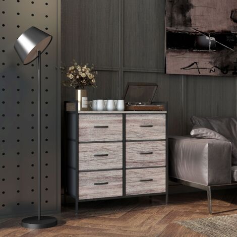 Meuble de rangement de chambre à six tiroirs, tissu non tissé, structure en acier, dimensions : 79 x 29 x 85 cm, finition grain de bois gris