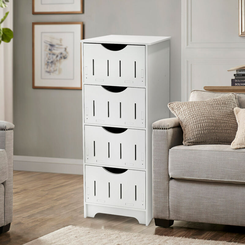 Meuble de Rangement de Salle de Bain, Armoire de Toilette sur Pied avec 4 Tiroirs en pp, Blanc