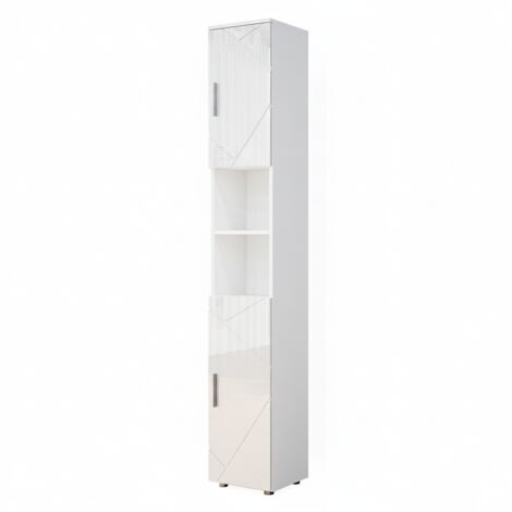 Vicco – Armoire murale de salle de bain 30 cm x 192 cm – Blanc haute brillance – Panneau de particules 16 mm – 2 étagères ouvertes – 2 portes modulables