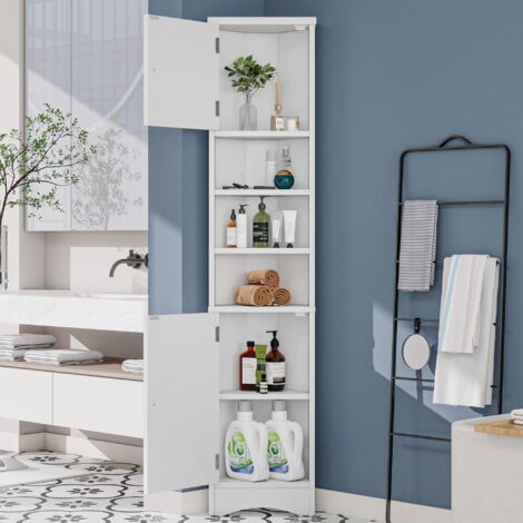 Meuble de rangement de salle de bain triangulaire, peinture résistante à l'humidité, trois étagères ouvertes, portes doubles, étagères réglables, gain de place - Blanc