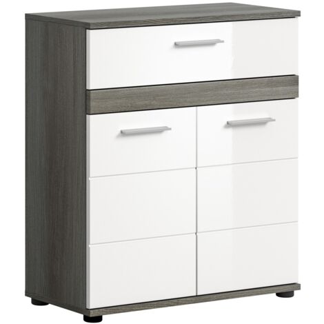Meuble de rangement de salle de bain WILLIAM – 2 portes, 1 tiroir – Blanc et chêne cendré