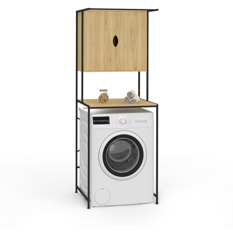 Idmarket – Meuble de rangement dessus machine à laver – Longueur 66 cm x largeur 60 cm x hauteur 180 cm – Bois mélaminé et métal – 2 étagères