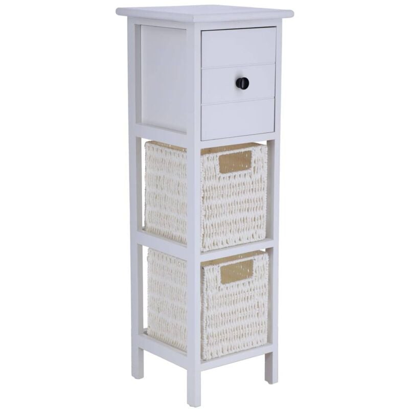 Meuble paulownia mdf 1 tiroir avec bouton noir et 2 paniers papier - blanc Tendance