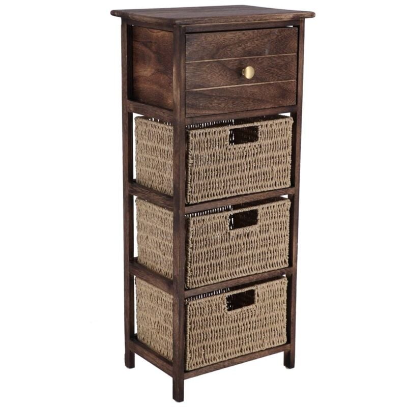 Meuble paulownia mdf 1 tiroir avec bouton or et 3 paniers papier - marron naturel Tendance