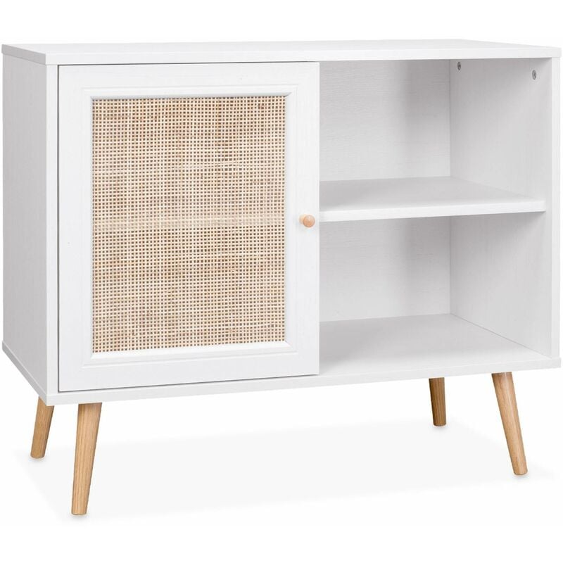 Meuble de rangement en cannage 80x39x65.8cm Bohème - Blanc - 2 niveaux - 1 porte - pieds scandinaves. buffet bas