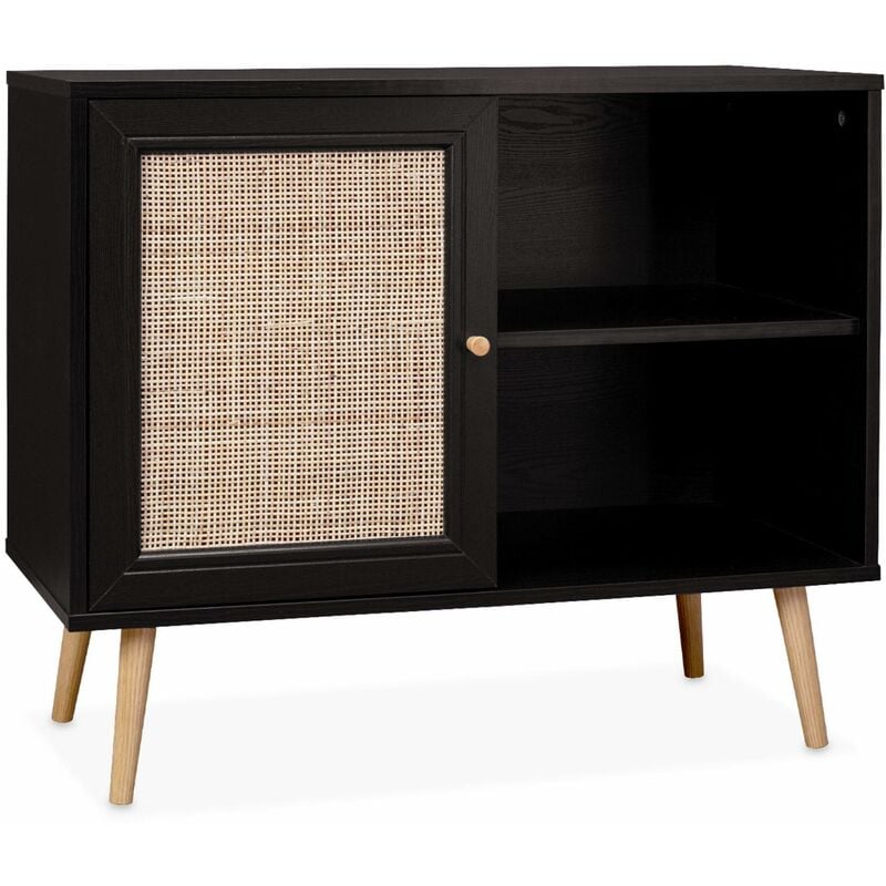 Meuble de rangement en cannage 80x39x65.8cm Bohème - Noir - 2 niveaux - 1 porte - pieds scandinaves. buffet bas