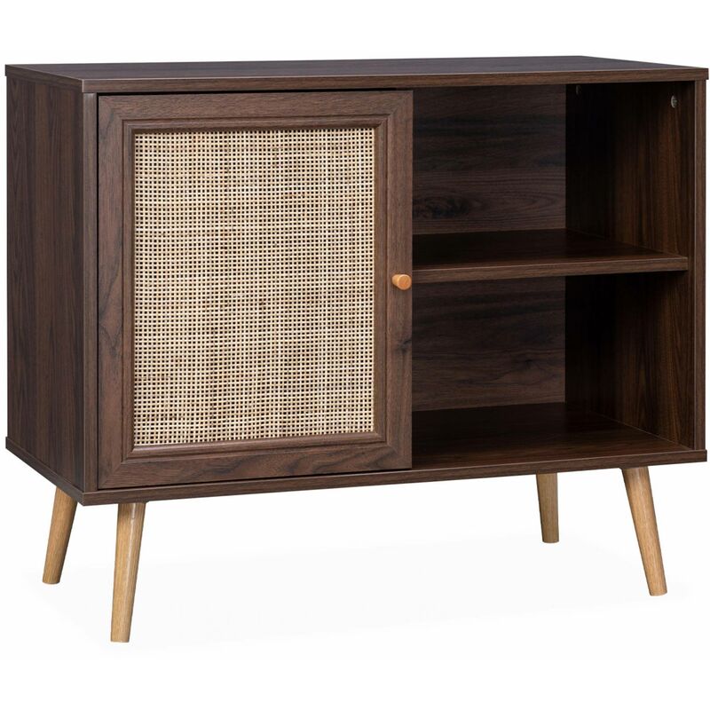 Meuble de rangement en cannage 80x39x65.8cm Bohème - couleur bois foncé - 2 niveaux - 1 porte - pieds scandinaves. buffet bas