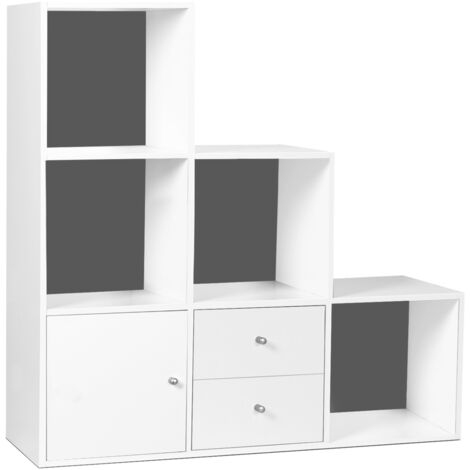 Meuble de rangement en escalier LIAM 3 niveaux bois blanc fond gris avec porte et tiroirs