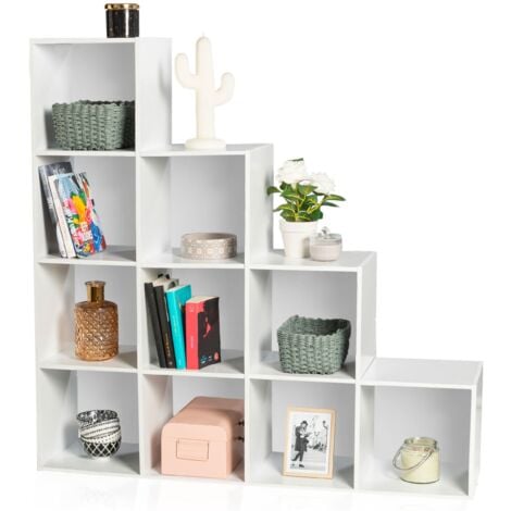 Meuble de rangement en escalier LIAM 4 niveaux bois blanc + fond blanc