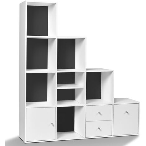 main image of "Meuble de rangement en escalier LIAM 4 niveaux bois blanc + porte/tiroirs blancs fond gris"