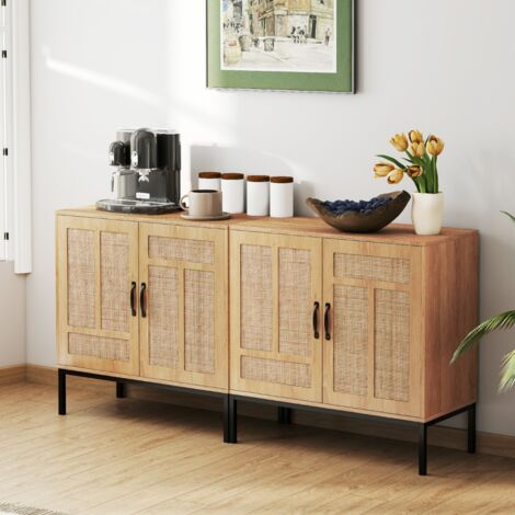 Meuble de Rangement en Rotin Meuble D'appoint Bohème à Motif Asymétrique Buffet à 2 Portes avec Étagère Réglable à 3 Positions Naturel