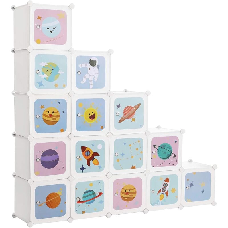 Meuble de Rangement Enfant 15 Cubes, Armoire modulable avec Portes, Étagère en Plastique, pour vêtements, Chaussures, Jouets, Sacs d'école, 123 x 31