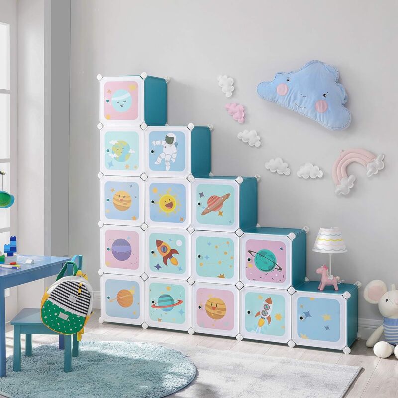 Meuble de Rangement Enfant 16 Cubes, Armoire modulable avec Portes, Étagère en Plastique, pour vêtements, Chaussures, Jouets, Sacs d'école, 123 x 31