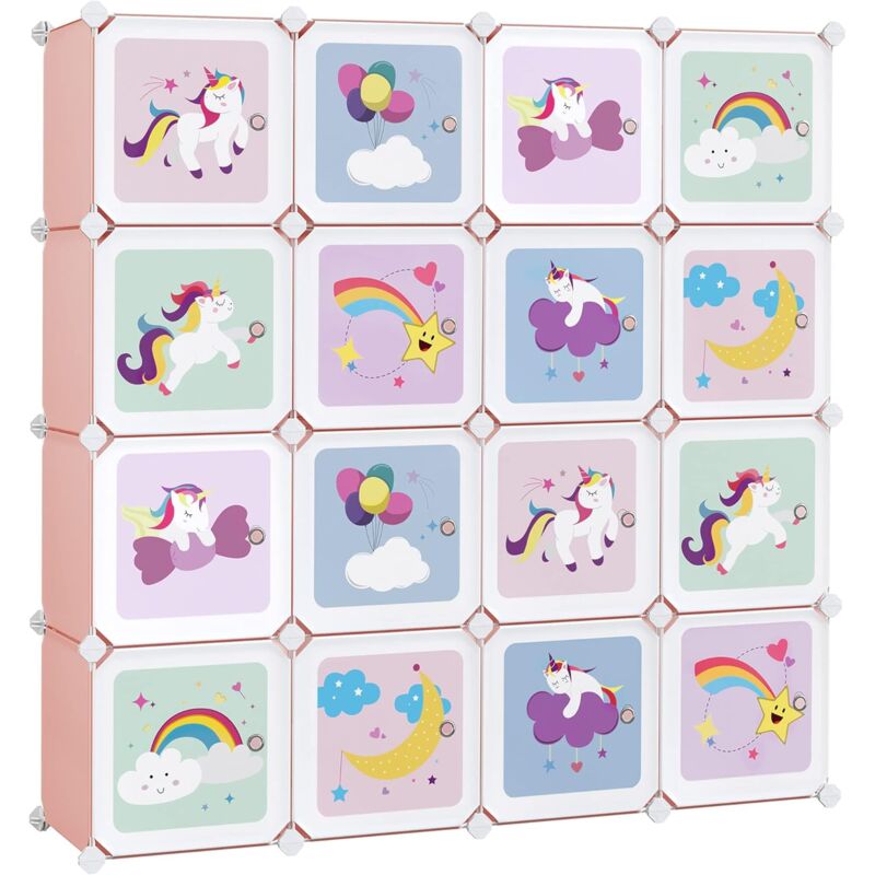 Meuble Rangement Enfant 16 Cubes, Armoire Modulable avec Portes, Étagère en Plastique, pour Jouets, Vêtements, Chaussures, Sacs d'École, 123 x 31 x