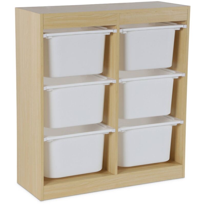 Meuble de rangement enfant. naturel. 6 bacs de rangement en plastique