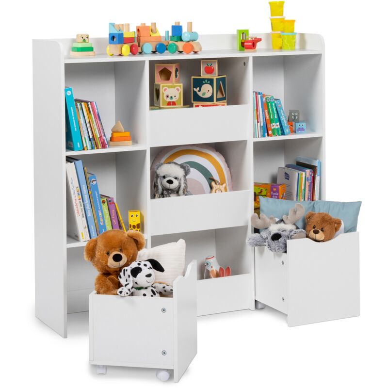 Meuble de rangement enfant MANA 5 étagères, 3 bacs et 2 cubes sur roulettes blanc