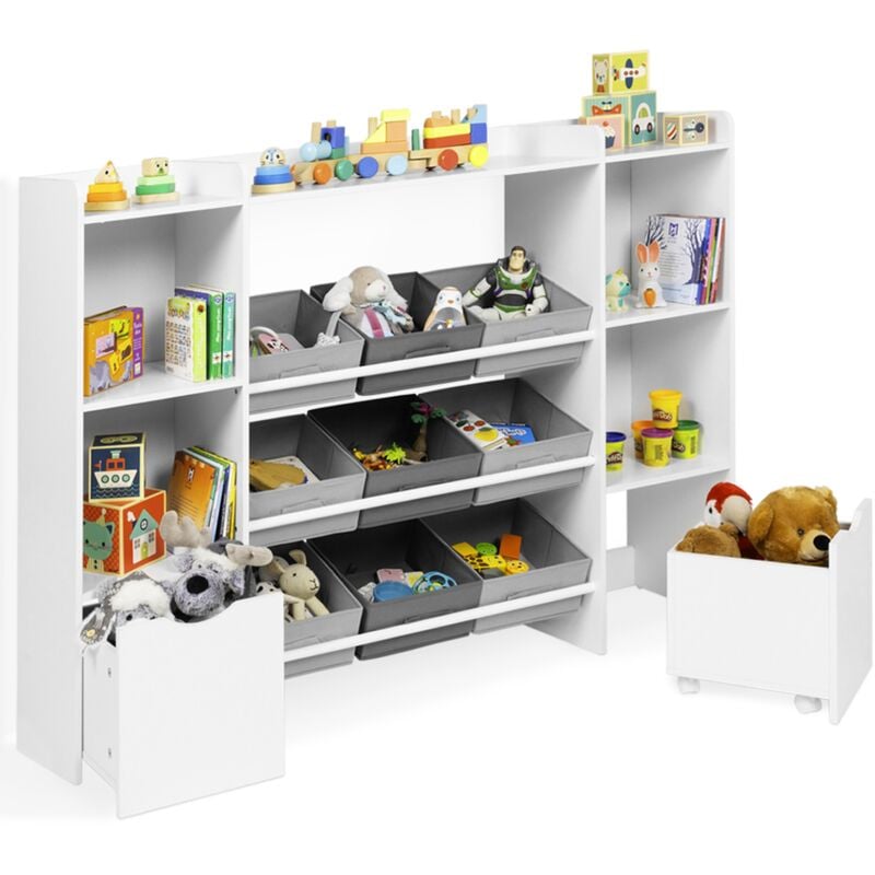 Idmarket - Meuble de rangement enfant mana 7 étagères, 6 bacs en tissu et 2 cubes sur roulettes blanc