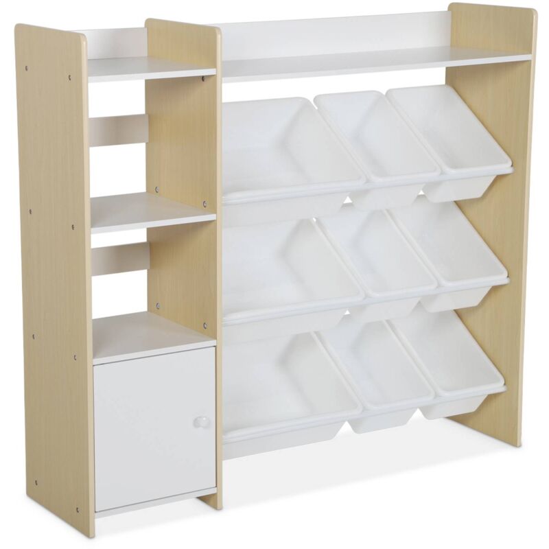 Sweeek - Meuble de rangement enfant. naturel. 9 bacs de rangement. 4 étagères. 1 porte