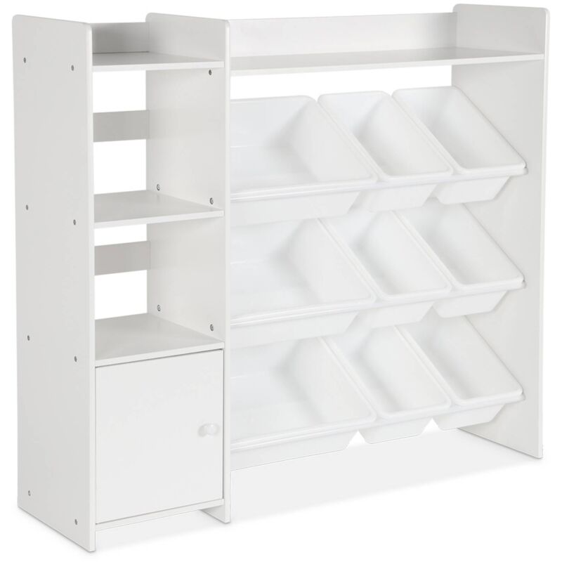 Meuble de rangement enfant. blanc. 9 bacs de rangement. 4 étagères. 1 porte