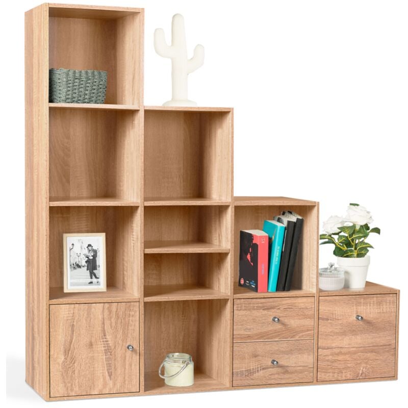 Meuble de rangement en escalier LIAM 4 niveaux bois façon hêtre avec porte et tiroirs