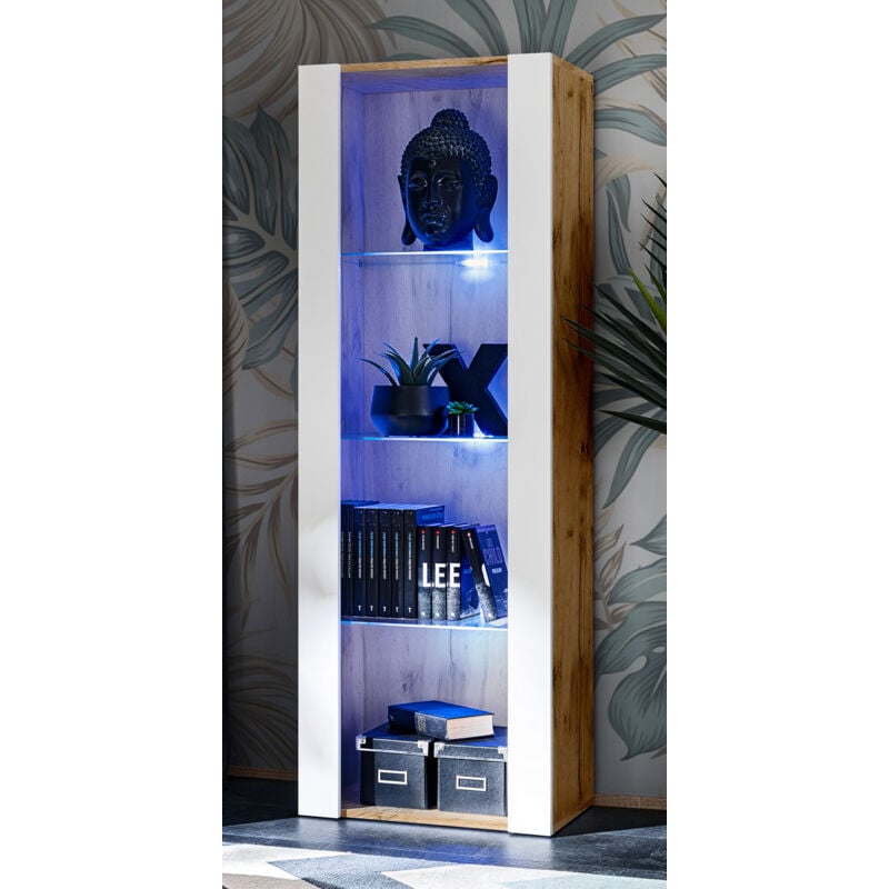 Extreme Furniture - Amoire Open Vertical 159, Wotan/Blanc, Largeur 55cm x Hauteur 159cm x Profondeur 35cm, sans led, 3 étagères, pour Salon, Chambre,