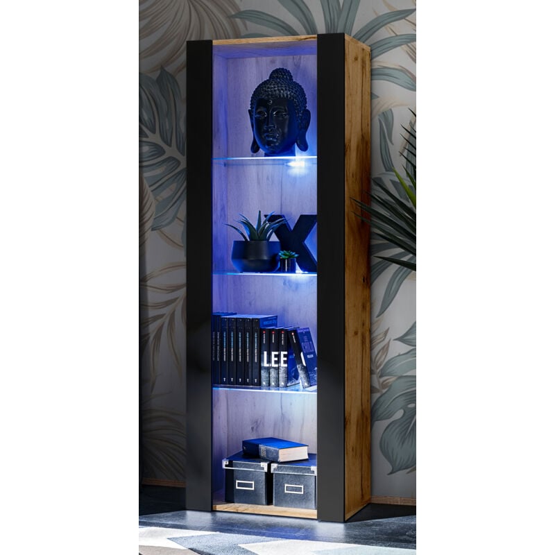 Extreme Furniture - Amoire Open Vertical 159, Wotan/Noir, Largeur 55cm x Hauteur 159cm x Profondeur 35cm, led Blu, 3 étagères, pour Salon, Chambre,