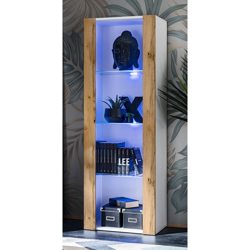 Extreme Furniture - Amoire Open Vertical 159, Blanc/Wotan, Largeur 55cm x Hauteur 159cm x Profondeur 35cm, led rgb, 3 étagères, pour Salon, Chambre,