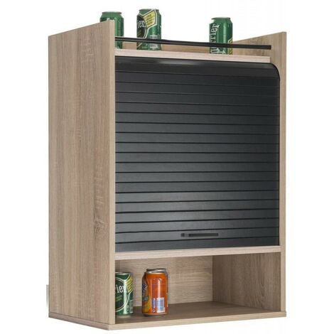 Meuble de rangement haut à rideau 3 niches chêne naturel et noir Lohan 54cm