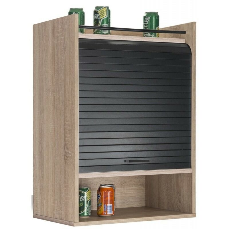Les Tendances - Meuble de rangement haut à rideau 3 niches chêne naturel et noir Lohan 54 cm