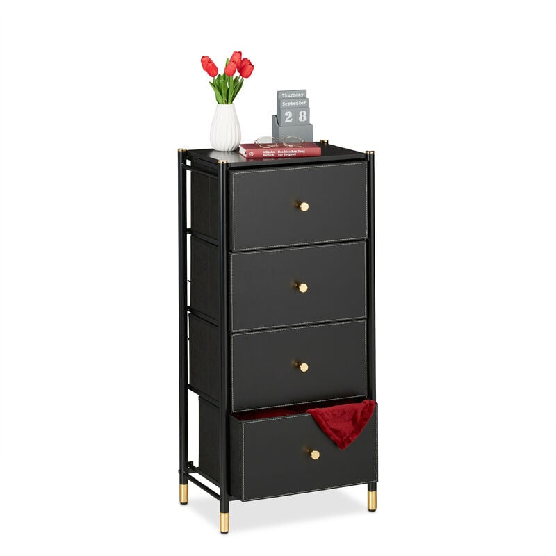 Meuble de rangement, HxLxP : 98,5 x 46 x 30 cm, 4 tiroirs, commode tissu & acier, compartiments, noir - doré - Relaxdays