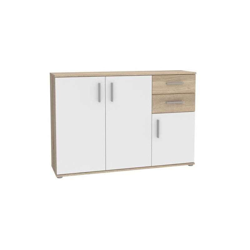 Meuble de rangement IKOLI - 3 portes, 2 tiroirs - Décor chene Sonoma et blanc - L119,6 x P31,4 x H81,7 cm - Poignées en plasti