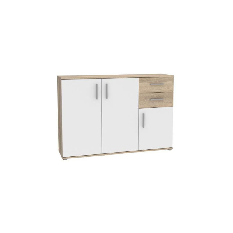 Sans Marque - Meuble de rangement ikoli - 3 portes, 2 tiroirs - Décor chene Sonoma et blanc - L119,6 x P31,4 x H81,7 cm - Poignées en plasti