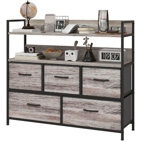 Meuble de rangement industriel commode 5 tiroirs en tissu pliable et amovible avec étagères 98x29x85 cm