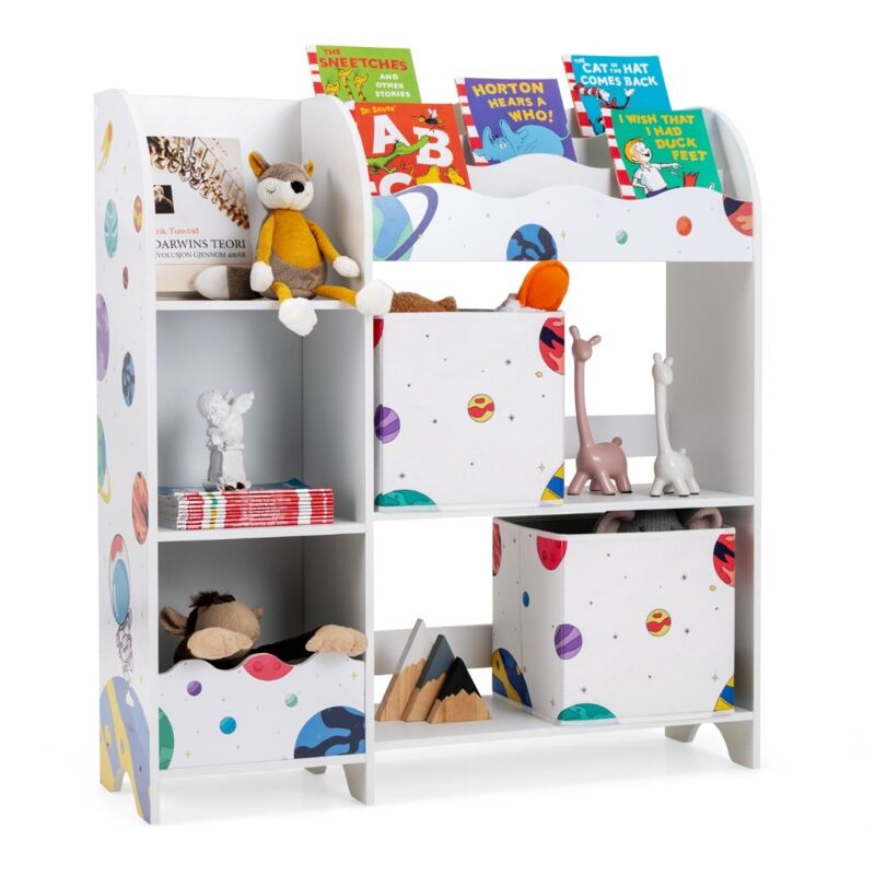 Meuble de Rangement Jouet Enfants avec Motif Astronaute & 5 Compartiments Étagère de Jouets avec 2 Tiroirs Amovibles 93x30x102cm