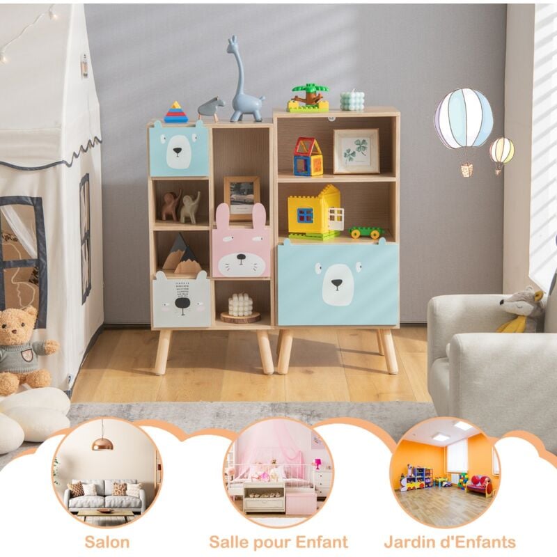 Meuble de Rangement Jouets Enfants à 3 Niveaux avec Tiroir Ours et Dispositif Anti-Basculement Café CW66858