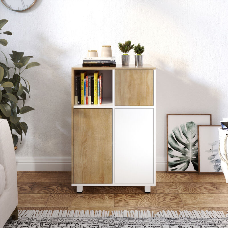 meuble de rangement, d'appoint, combinaison couleur blanc et bois naturel, rangement multi-espace，meerveil