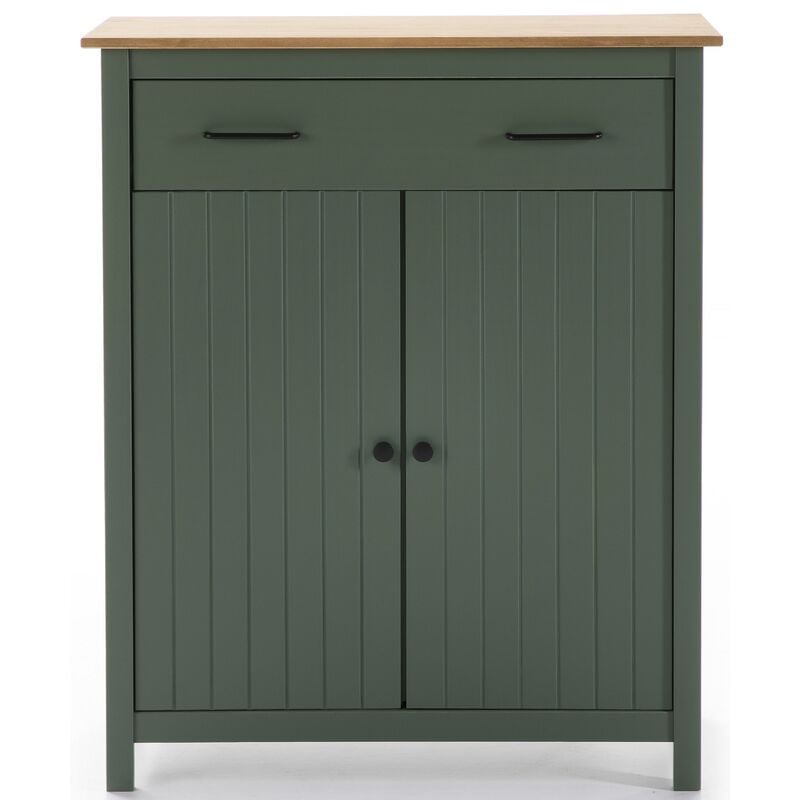 Pegane - Meuble de rangement, meuble d'appoint en pin massif décor ciré chêne et vert - Longueur 90 x Profondeur 40 x Hauteur 110 cm