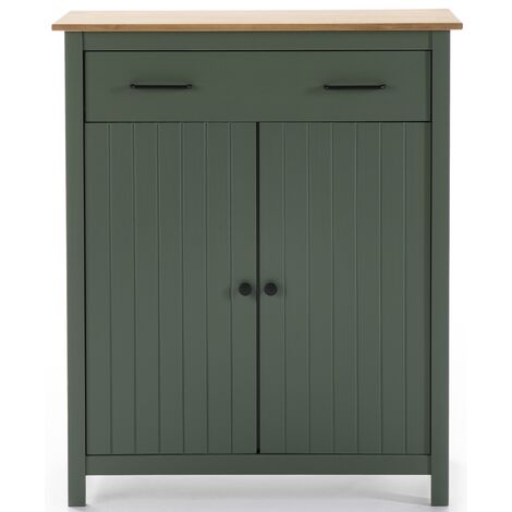Meuble de rangement, meuble d'appoint en pin massif décor ciré chêne et vert - Longueur 90 x Profondeur 40 x Hauteur 110 cm -PEGANE-