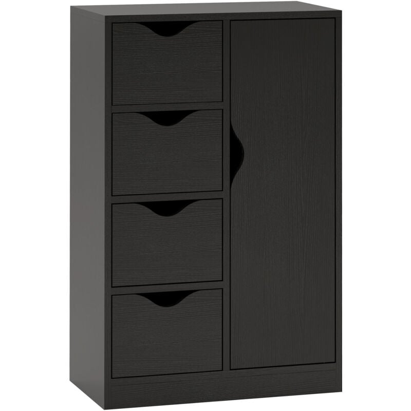 Meuble de rangement moderne 1 porte 4 tiroirs - panneaux particules noir grain de bois