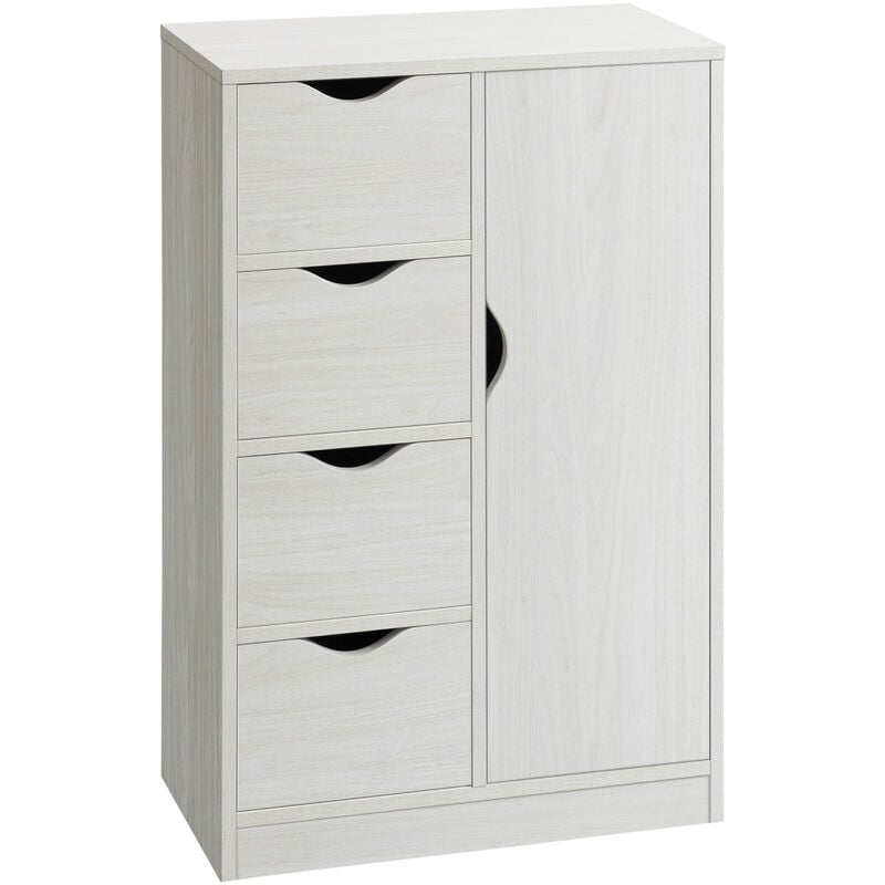 Meuble de rangement moderne 1 porte 4 tiroirs - panneaux particules blanc grain de bois