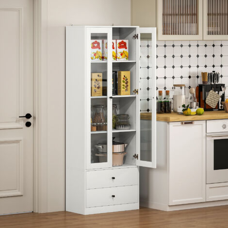 Meuble de rangement moderne avec placard à portes vitrées, étagères réglables et 2 tiroirs, 59 x 30 x 164 cm, blanc