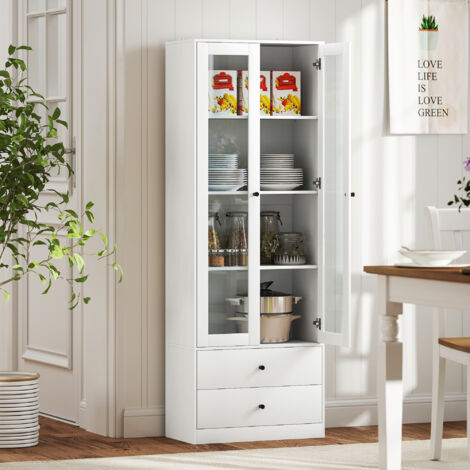 Meuble de rangement moderne avec placard à portes vitrées. étagères réglables et 2 tiroirs. 59 x 30 x 164 cm. blanc