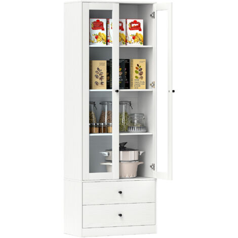 Meuble de rangement moderne avec placard à portes vitrées, étagères réglables et 2 tiroirs, 59 x 30 x 164 cm, blanc