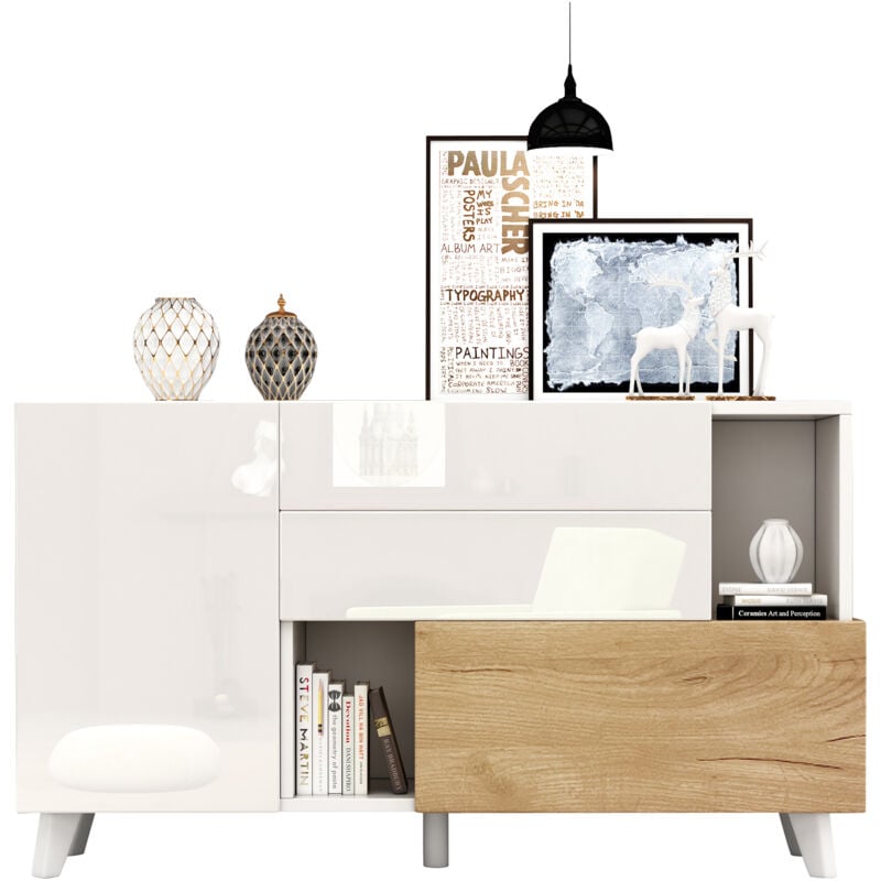 Commode ,Buffet Meuble de rangement moderne, blanc brillant, couleur bois minimaliste