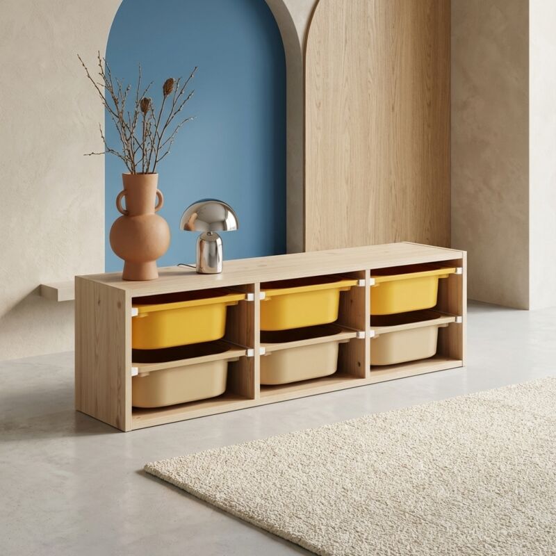 Meuble de rangement naturel pour enfant. 6 bacs en plastique moutarde