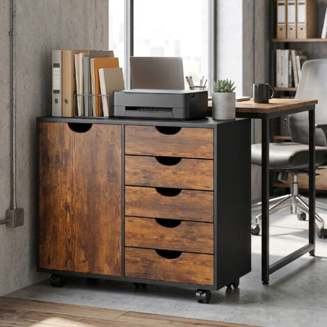 Meuble de rangement pour bureau 5 tiroirs 1 porte étagère réglable. support imprimante roulettes. 78x40x66.5 cm. marron