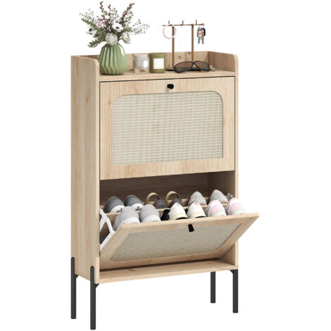 Meuble de rangement pour chaussures 12 paires avec portes en rotin, 2 tiroirs rabattables et étagères ajustables, couleur chêne