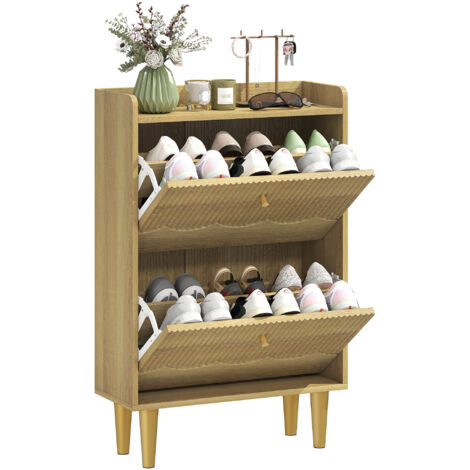 Meuble de rangement pour chaussures 12 paires, étroit avec 2 tiroirs rabattables et étagères ajustables, dimensions 60x24x92cm, finition chêne