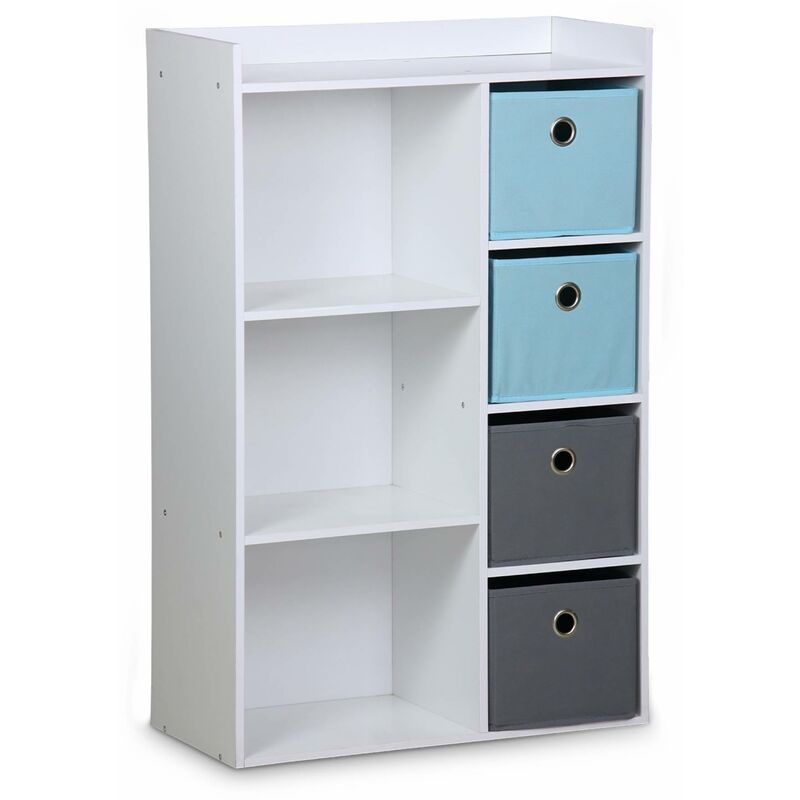 Meuble de rangement pour enfant. blanc - Camille - avec 7 compartiments et 4 paniers gris et bleus